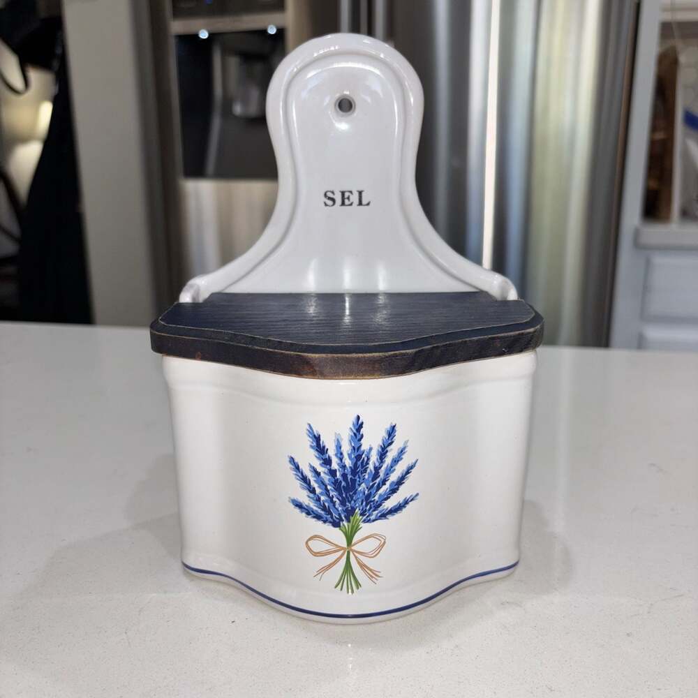 Vintage French Ceramic and Wood Wall-Mounted Salt Box with Lavender Motif